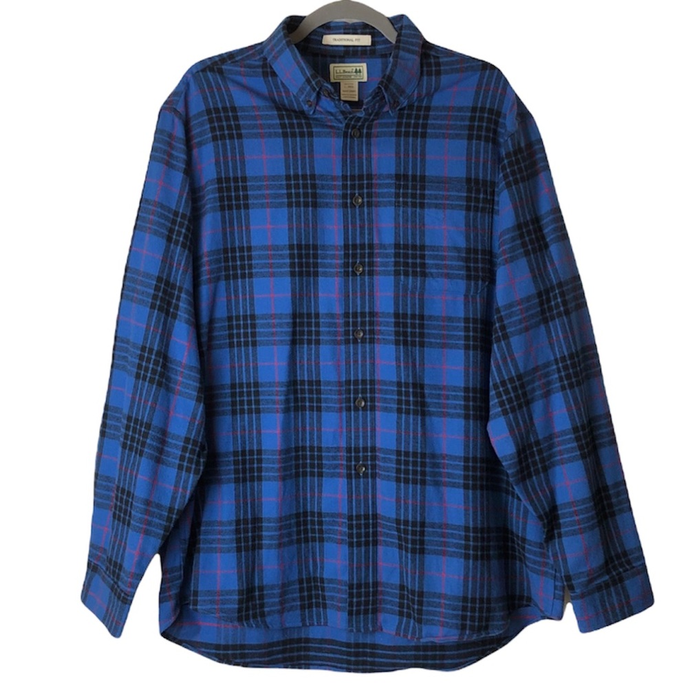 Vintage LL Bean Men’s Flannel Shirt Blue Black Plaid Traditional Fit Size Large